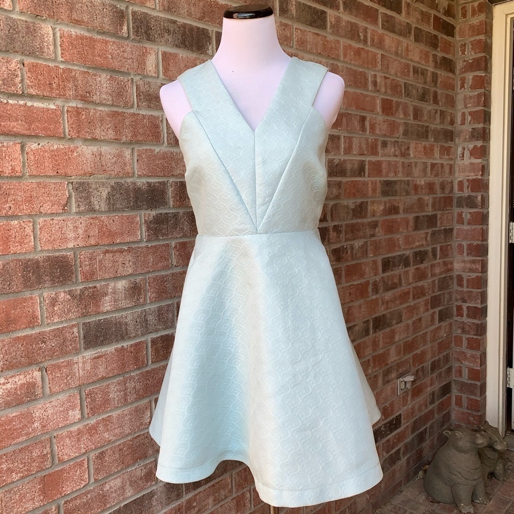 Frnch blue textured v neck sheer back dress, Small